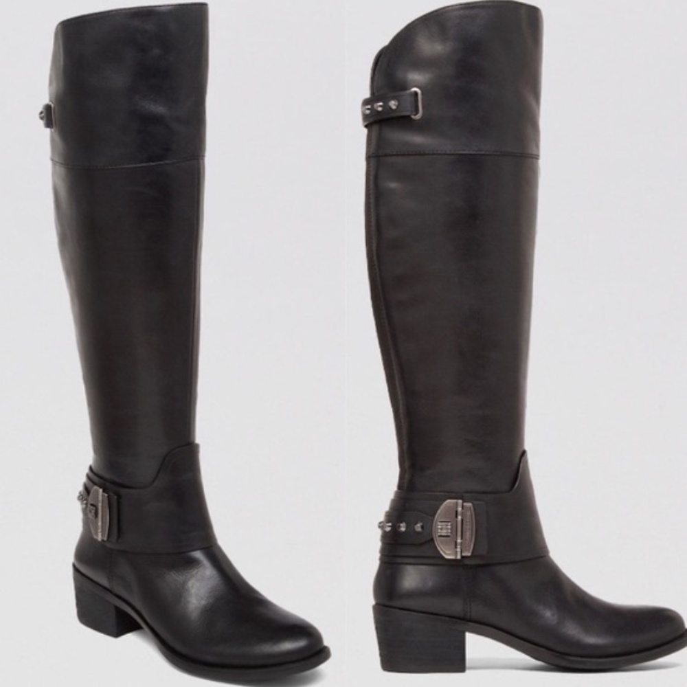 Vince Camuto Black Leather Tall Boots Studded, Size 8.5